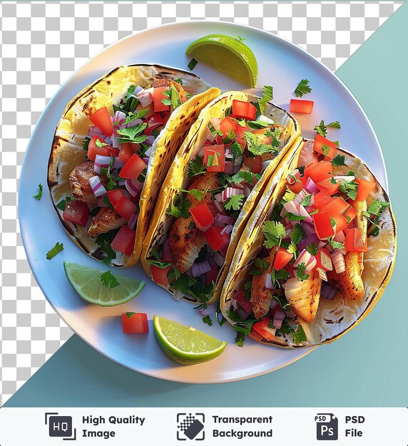 PSD transparant object pittig bord vis taco's bekroond met gesneden citroen rode tomaat en groen blad op blauwe tafel