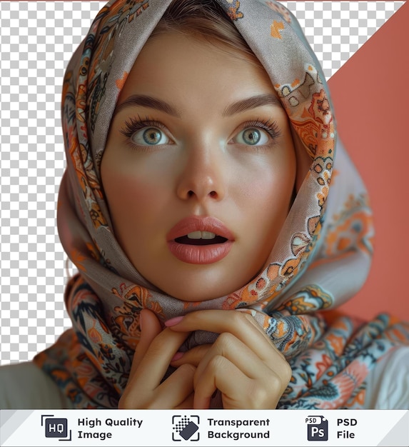 Transparant object portret van een jonge vrouw heeft een goed idee met haar opvallende blauwe en bruine ogen kleine neus en open mond met een hand zichtbaar op de voorgrond