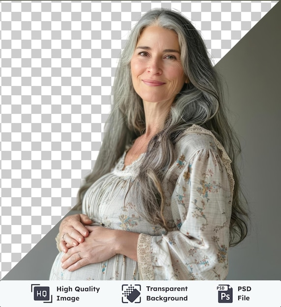 Transparant object portret van serene zwangere vrouw met lang grijs haar in jurk tegen witte muur met haar hand en bruine oog
