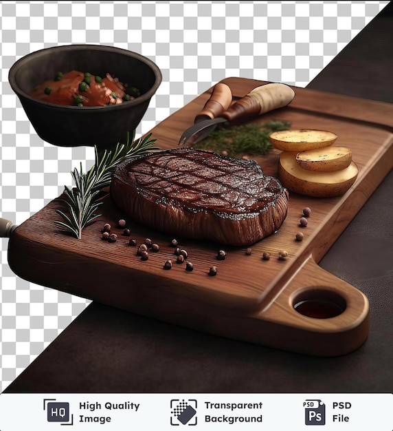 PSD transparant object sizzling steaks op een houten snijplank vergezeld van een zilveren mes en een zwarte schaal geplaatst op een houttafel