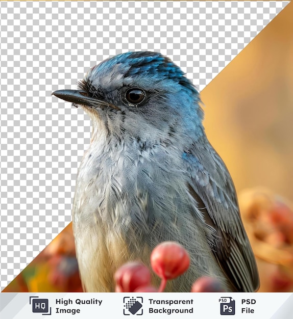PSD transparant object verditer vliegvanger portret van een grijze vogel met een blauw hoofd zwart oog en zwarte snavel