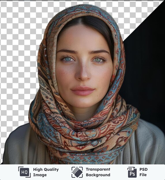 Transparant object vrouwen portret van een vrouw die een sjaal draagt met haar opvallende blauwe en bruine ogen kleine neus en bruine wenkbrauw
