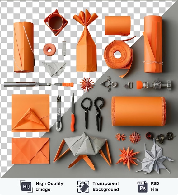 PSD transparant psd beeld origami papier en gereedschap set weergegeven op een grijze en transparante achtergrond vergezeld van een oranje envelop zilveren en zwarte schaar en een oranje bloem