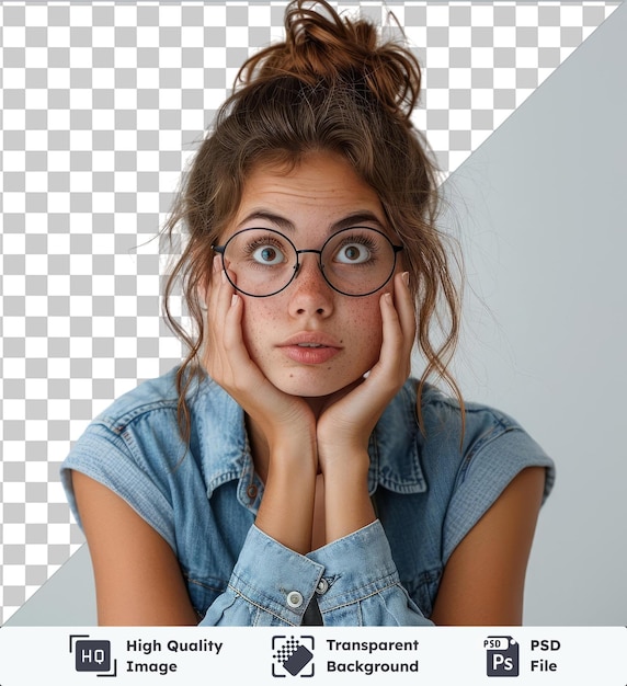 PSD transparant psd beeld portret van een meisje student in een bril gekleed in een modieus denim shirt maakt zich zorgen over iets nerveus bijt haar nagels wachten op de examenresultaten