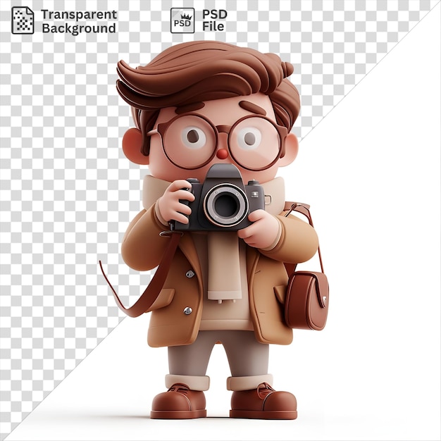 PSD transparante 3d-fotograaf cartoon die een foto maakt met een zwarte en zilveren camera met een bruine jas en rood en bruin haar terwijl hij een bruine tas vasthoudt en met een hand zichtbaar op de voorgrond