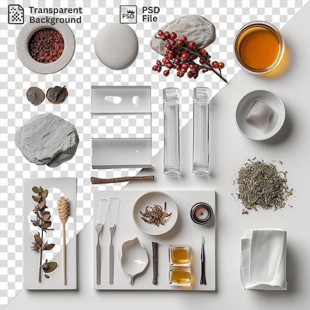 PSD transparante achtergrond exotische tempusproducten op een transparante achtergrond vergezeld van een witte plaat, een zilveren vork en een lepel vergezeld door een kleine bruine bloem