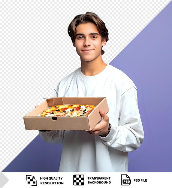 Transparante achtergrond knappe jonge man met een doos met verse pizza op paarse achtergrond