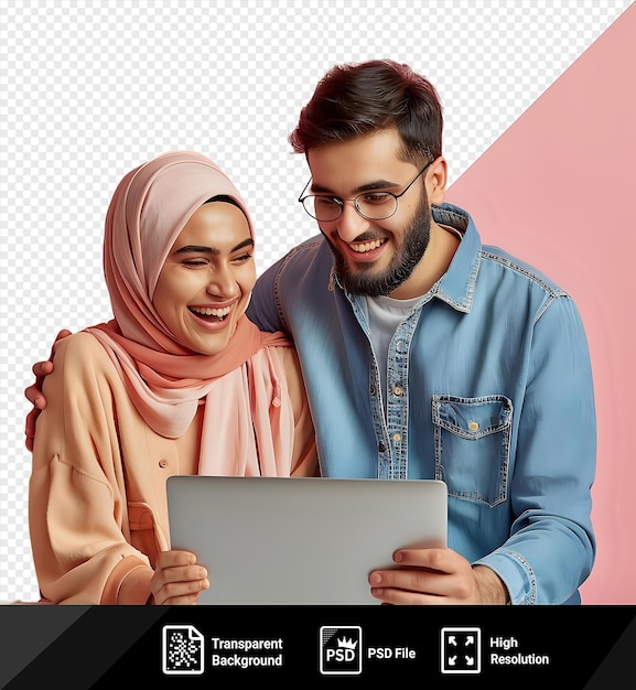 PSD transparante achtergrond man toont laptop scherm om te lachen vrouw op transparante achtergrond met roze muur op de achtergrond draagt blauw shirt en roze sjaal met zwarte bril en bruin haar png