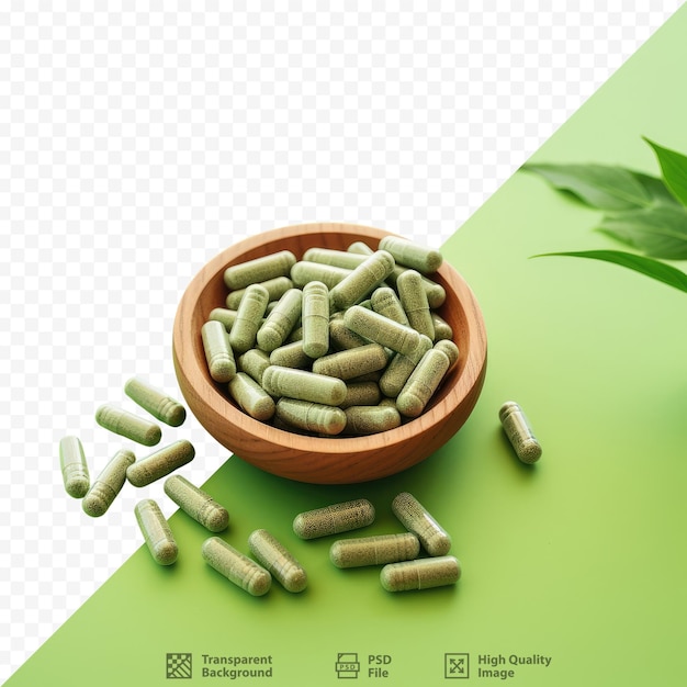 Transparante achtergrond met capsules die groen kruidengeneesmiddelpoeder bevatten