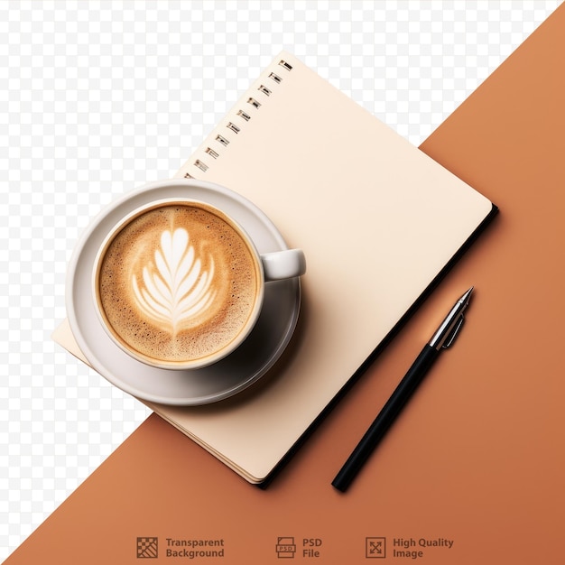 PSD transparante achtergrond met een cappuccino en een notitieboekje