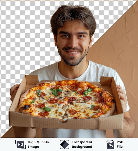 PSD transparante achtergrond met een geïsoleerde knappe jonge man die een doos met verse pizza vasthoudt