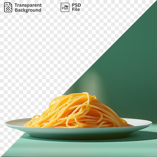 Transparante achtergrond met een geïsoleerde verleidelijke plaat pasta op een groene tafel tegen een groene muur met een witte schaduw op de voorgrond