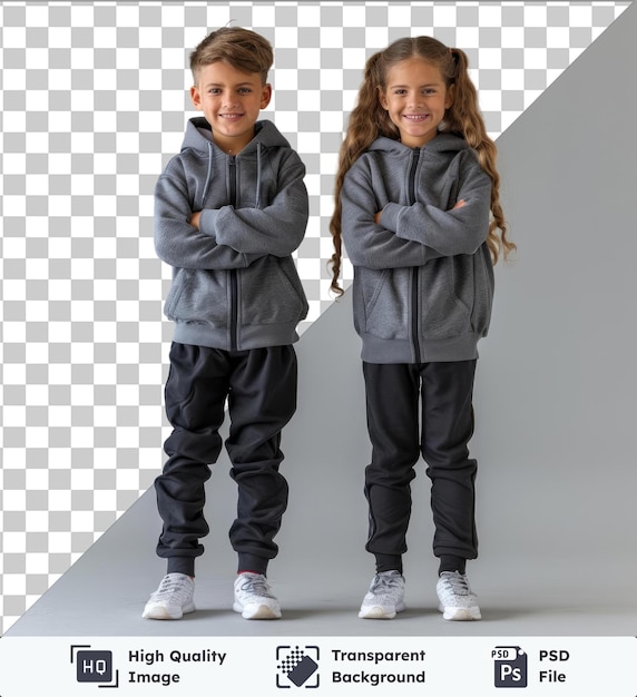 PSD transparante achtergrond met geïsoleerd full length beeld van schattig glimlachende jongen en meisje in sportkleding die samen staan geïsoleerde op grijze kinderen sportconcept