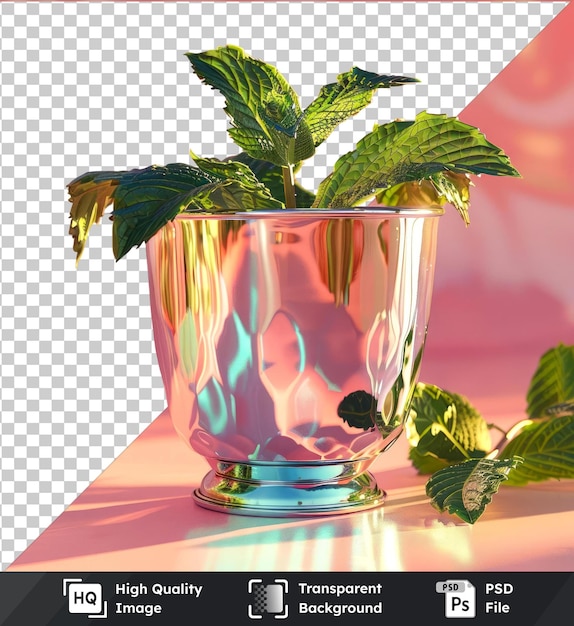 PSD transparante achtergrond met geïsoleerd munt julep cocktailglas op een roze tafel met een groen blad