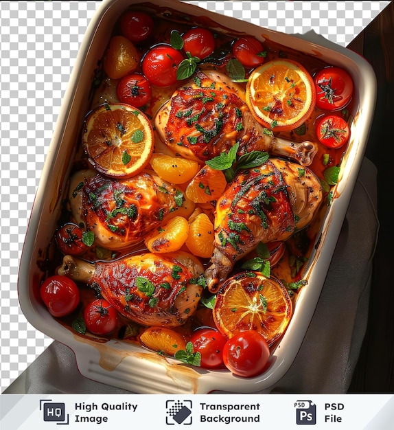 PSD transparante achtergrond met geïsoleerd topbeeld van geroosterde kippen sinaasappels en groenten in een schotel