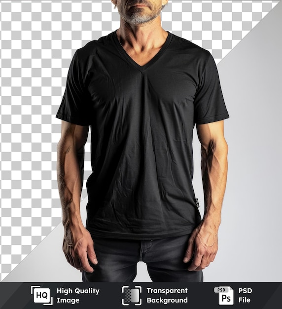 Transparante achtergrond met geïsoleerd zicht van voren vangt een premium t-shirt onyx technische materialen stof label