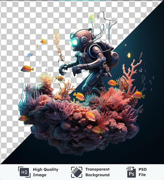 Transparante achtergrond met geïsoleerde 3d duiker cartoon interactie met het zeeleven onderwater wereld