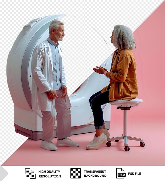 Transparante achtergrond met geïsoleerde grijsharige arts die met de patiënt praat voor de MRI png