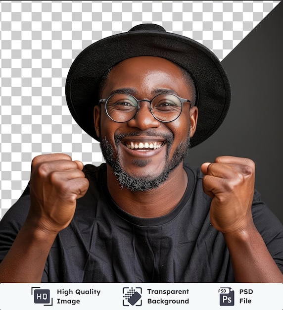 PSD transparante achtergrond met geïsoleerde jonge glimlachende gelukkige overblijvende leuke afro-amerikaanse man in de twintig