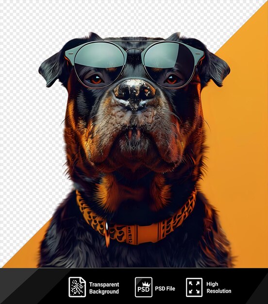 PSD transparante achtergrond met geïsoleerde mockup van een hond met een zonnebril met een bruine en zwarte hond met een zwarte neus bruine ogen en floppy oren met een oranje kraag png psd