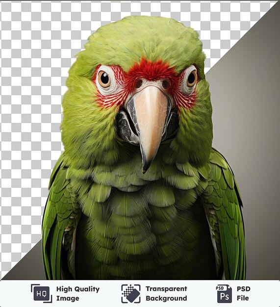 Transparante achtergrond met geïsoleerde realistische fotografische taxidermist s taxidermie kunst een groene papegaai met een rood hoofd grijze snavel en zwart en bruin oog geplaatst op een groene vleugel