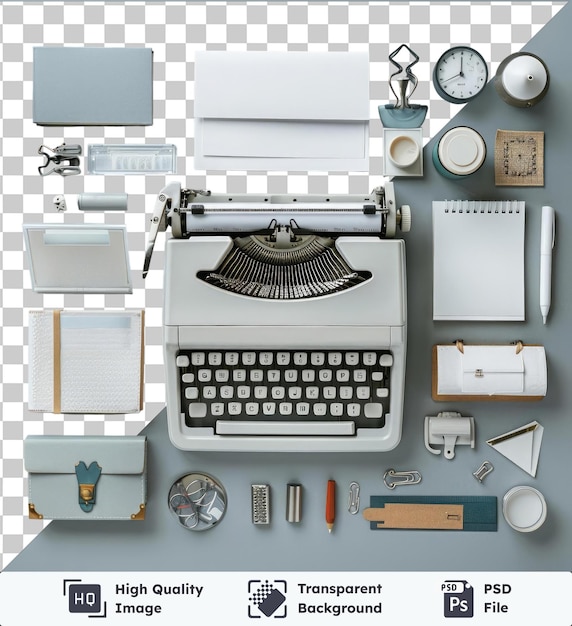 PSD transparante achtergrond met geïsoleerde vintage schrijfmachine en schrijfgereedschap set met een witte klok zilveren sleutel en oranje pen op een blauwe en transparante achtergrond