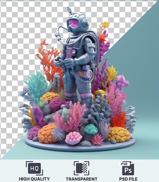 Transparante achtergrond psd 3d-duiker cartoon die een kleurrijk onderwaterparadijs verkent