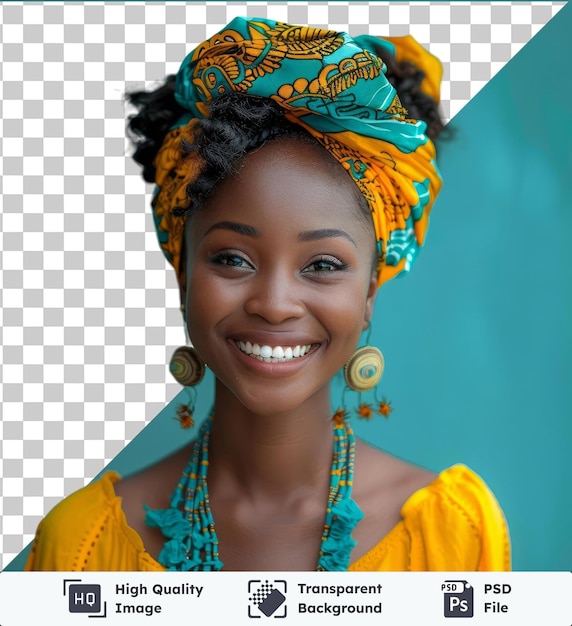 PSD transparante achtergrond psd afrikaanse vrouw in casual kleding glimlachend met een kleine oorring en blauwe ketting met haar opvallende blauwe en bruine ogen zwarte wenkbrauw en klein oor