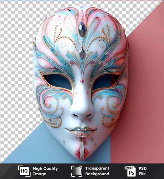 Transparante achtergrond psd feestelijke masker mockup wit gezicht met grote neus gesloten mond en blauw