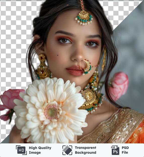 PSD transparante achtergrond psd foto van een prachtige indiase vrouw met make-up met etnische sieraden en traditionele zijden jurk die poseert voor de camera met een bloem op de voorgrond