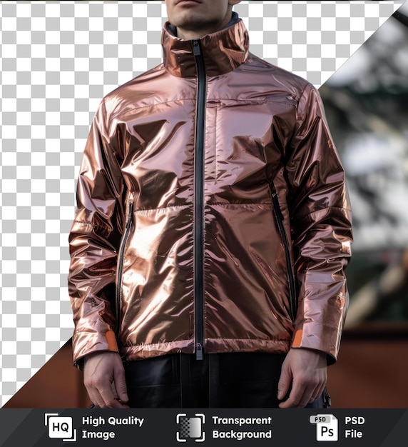 Transparante achtergrond psd front view vangen een premium jas rose gold technische materialen stof label