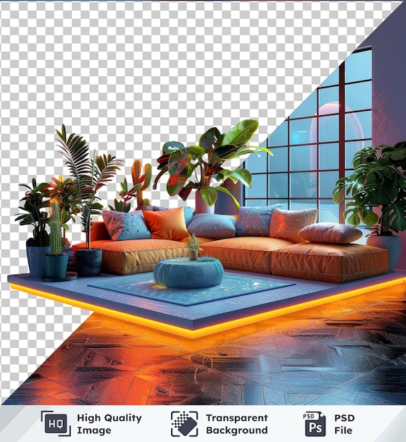 PSD transparante achtergrond psd kamer met geometrische vormen kleurrijke kussens planten en groot raam