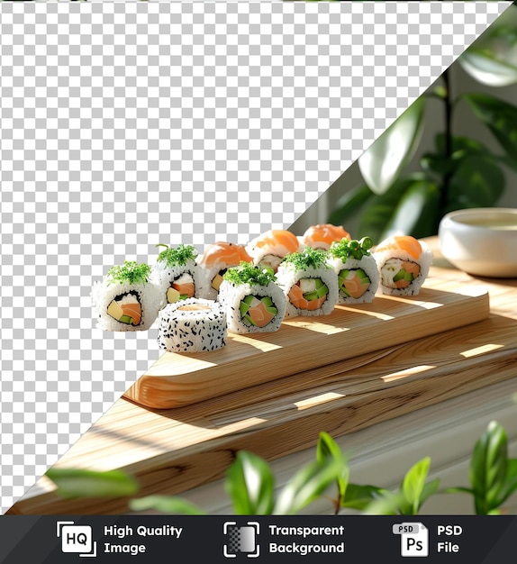 PSD transparante achtergrond psd maki sushi schotel mockup sushi maki houten bord mockup van sushi op een tafel