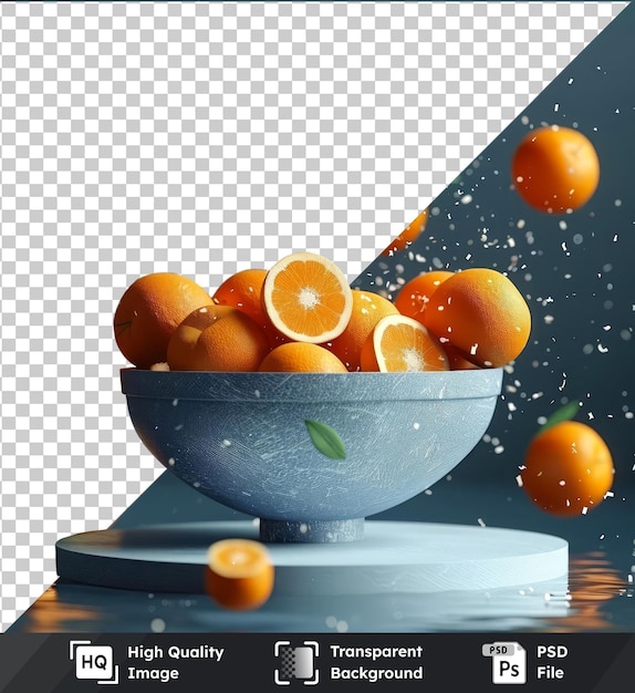 PSD transparante achtergrond psd met mandarijnen die in een schaal vallen en geometrische vormen podium mockup