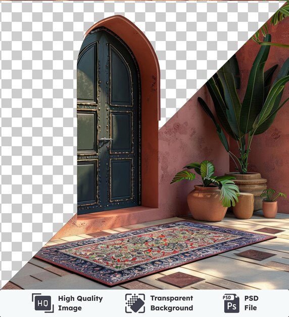 PSD transparante achtergrond psd ramadan thema deurmat met een verscheidenheid aan planten in potten, waaronder een grote groene plant een bruine pot en een groene plant met een zwarte deur in de