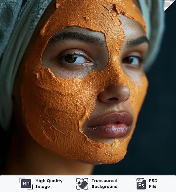 Transparante achtergrond psd schoonheid portret van vrouw model poseert met oranje klei gezicht masker op haar gezicht en kijkt naar de camera