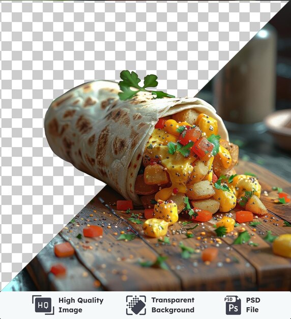 PSD transparante achtergrond psd smakelijke aardappel en ei ontbijt burrito op een houten tafel