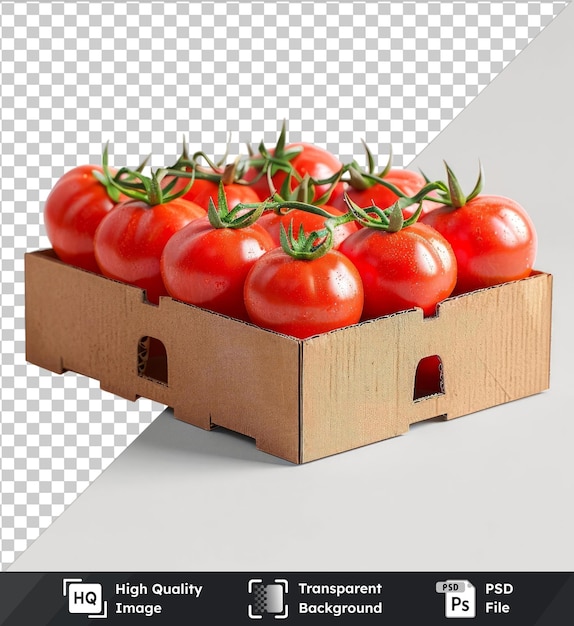 Transparante achtergrond psd verse tomaten in recycleerbare kartonnen doos mockup