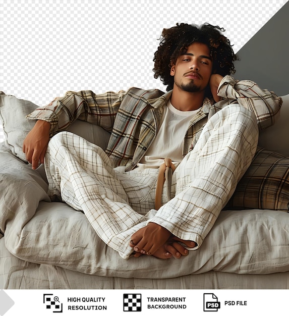 Transparante achtergrond vrije tijd jonge krullende donkere man rust thuis op een bank met een witte en grijze muur op de achtergrond hij draagt een wit shirt en heeft krullend haar terwijl png psd