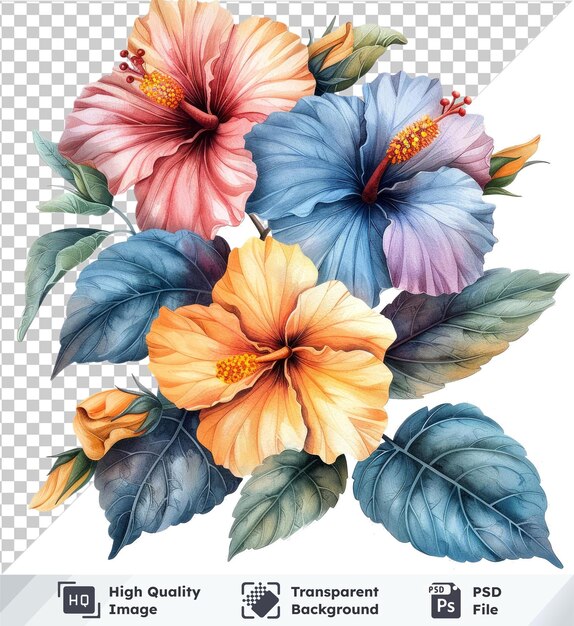 PSD transparante achtergrond waterverf zonsondergang hibiscus clipart en bloemenelementen