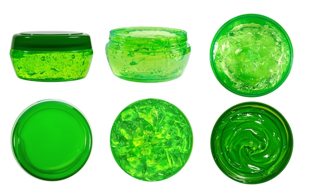 PSD transparante groene cosmetische gel in een ronde pot aantal opties op een lege achtergrond