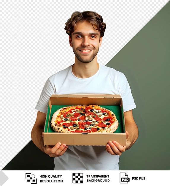 Transparante knappe jonge man met een doos met verse pizza op een groene muur met een wit shirt en bruin haar met open bruine ogen en zichtbare hand