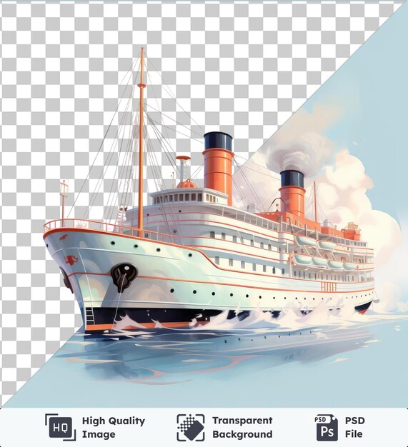 PSD transparante object stoomboot een grote witte boot met een rode en oranje mast zeilt op blauw water onder een witte en blauwe hemel met een witte wolk op de achtergrond