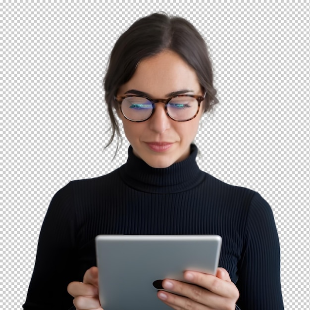 Transparante of PNG-afbeelding van een vrouw die een tablet vasthoudt