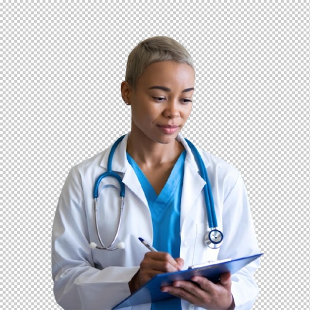 Transparante of PNG-afbeelding van een vrouwelijke arts die een tablet met een stethoscoop vasthoudt