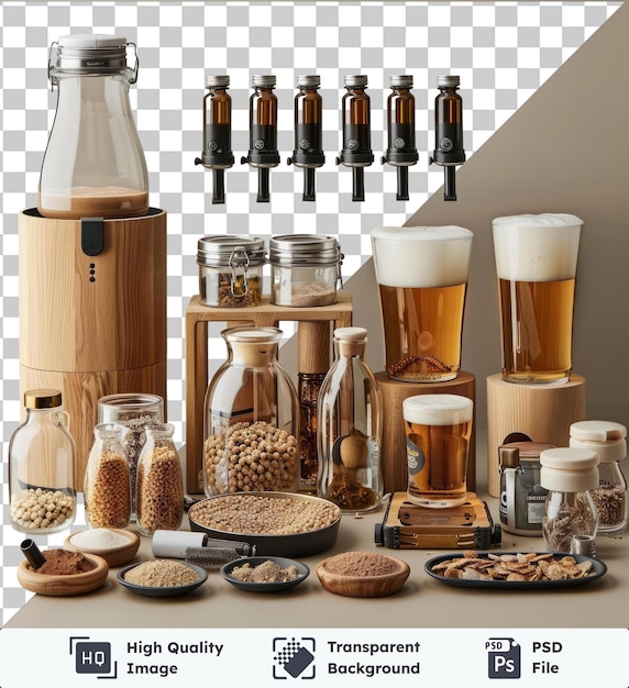 PSD transparante premium psd beeld boutique bier brouwerij set weergegeven op een witte muur met een verscheidenheid aan glazen en schalen, waaronder een hoog glas een bruine schaal en een glas en heldere fles