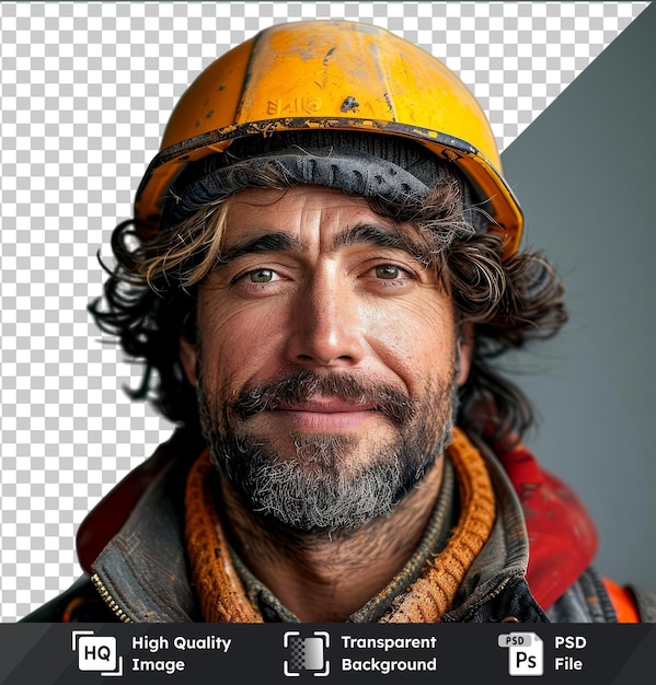 PSD transparante premium psd beeld mockup van een mannelijke bouwvakker met helm die naar de camera kijkt