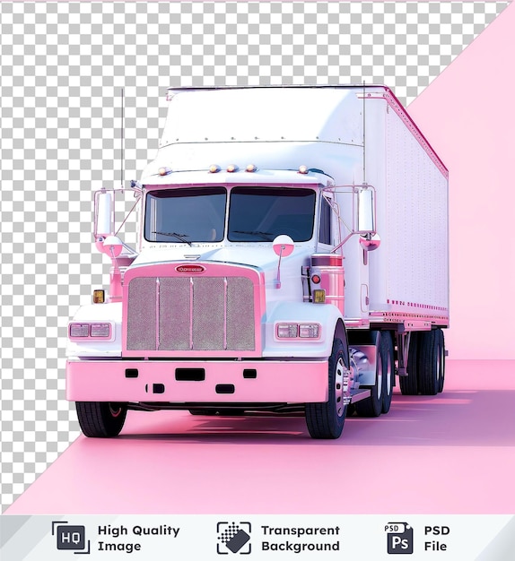 PSD transparante premium psd beeld mockup van een witte vrachtwagen met een roze grill en grote voorruit geparkeerd op een roze vloer tegen een roze muur met een zwarte band zichtbaar op de voorgrond