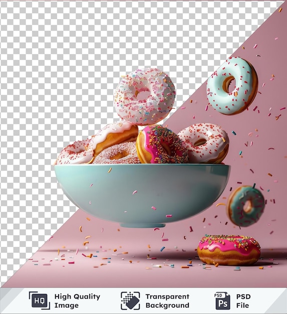 Transparante premium psd foto close-up donuts vliegen in een schaal met sprinkles