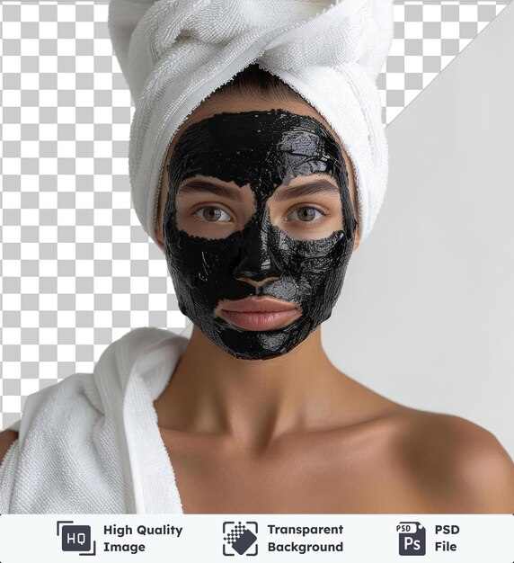 Transparante premium psd foto close-up emotioneel portret mooie vrouw met gezicht zwart masker meisje met een witte handdoek op haar hoofd serieuze blik